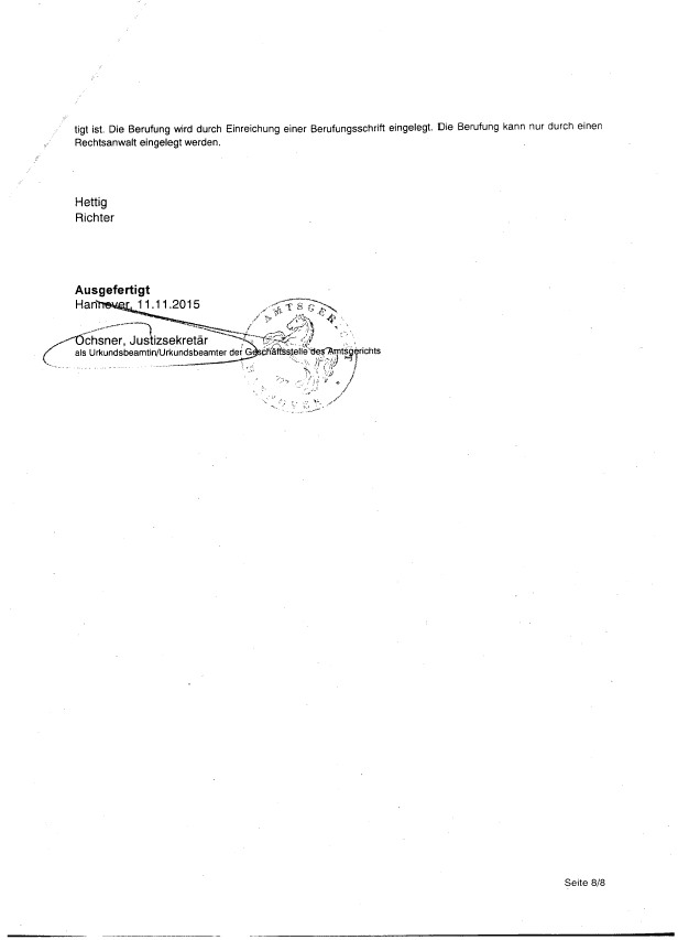 Gerichtsbescheid Auffassung des Amtsgericht Hannover